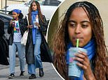 Fashionable Malia Obama dons blue scarf and jeans - with matching smoothie - on lazy Saturday in LA