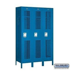 Heavy duty salsbury industries assembled 1 tier extra wide vented metal locker with three wide storage units 6 feet high by 15 inch deep blue