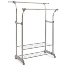 Load image into Gallery viewer, Selection ezoware heavy duty clothes rack dual bar commercial grade garment coat clothes closet organizer hanging rack with 2 tier bottom shelves for balcony boutiques bedroom chrome finish