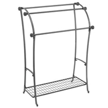 Load image into Gallery viewer, Organize with mdesign large freestanding towel rack holder with storage shelf 3 tier metal organizer for bath hand towels washcloths bathroom accessories graphite gray