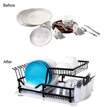Load image into Gallery viewer, Related 2 tier dish rack dish drying rack with utensil holder and drain board wine glass holder easy storage rustproof kitchen counter dish drainer rack organizer iron