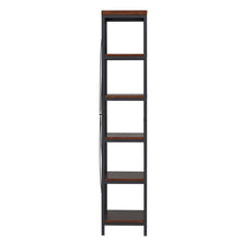Load image into Gallery viewer, Great modhaus living industrial rustic style black metal frame 6 tier 26 inches horizontal bookshelf storage media tower dark brown finish living room decor includes pen 26 inches wide