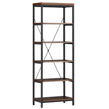 Load image into Gallery viewer, Latest modhaus living industrial rustic style black metal frame 6 tier 26 inches horizontal bookshelf storage media tower dark brown finish living room decor includes pen 26 inches wide