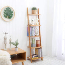 Load image into Gallery viewer, Select nice exilot natural bamboo ladder shelf 5 tier wall leaning bookshelf ladder bookcase storage display shelves for living room kitchen office multi functional plant flower stand shelf