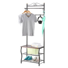 Load image into Gallery viewer, New langria entryway coat rack metal standing hall tree with 2 tier grid wire shoe rack wooden bench and hat umbrella holder features 5 hooks black