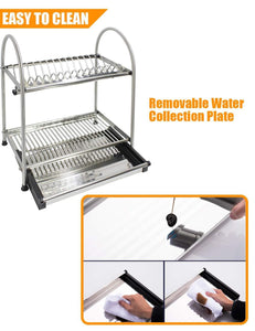 Discover the kitchen hardware collection 2 tier dish drying rack stainless steel stand on countertop draining rack 17 9 inch length 16 dish slots organizer with drainboard for cup plate bowl