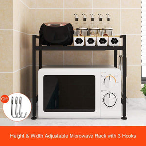 Featured whifea microwave oven rack expandable and width adjustable microwave shelf 2 tier kitchen counter shelf and organizer with 3 hooks carbon steel 55lbs weight capacity matte black