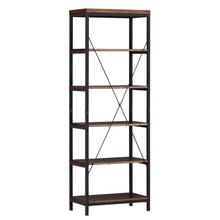 Load image into Gallery viewer, Kitchen modhaus living industrial rustic style black metal frame 6 tier 26 inches horizontal bookshelf storage media tower dark brown finish living room decor includes pen 26 inches wide