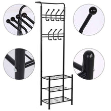 Load image into Gallery viewer, Top rated hall tree coat rack black metal coat hat shoe bench rack 3 tier storage shelves free standing clothes stand 18 hooks entryway corner hallway garment organizer