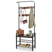 Load image into Gallery viewer, Shop here kingso industrial coat rack hall tree entryway coat shoe rack 3 tier shoe bench 7 hooks wood look accent furniture with stable metal frame easy assembly