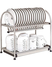 Load image into Gallery viewer, Buy now kitchen hardware collection 2 tier dish drying rack stainless steel stand on countertop draining rack 17 9 inch length 16 dish slots organizer with drainboard for cup plate bowl