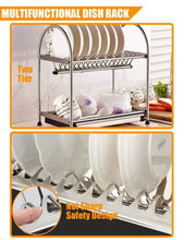 Load image into Gallery viewer, Explore kitchen hardware collection 2 tier dish drying rack stainless steel stand on countertop draining rack 17 9 inch length 16 dish slots organizer with drainboard for cup plate bowl