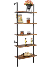 Load image into Gallery viewer, Shop for ironck industrial ladder shelf bookcase 5 tier wood shelves wall mounted stable expand space bookshelf retro wall decor furniture for living room kitchen bar storage