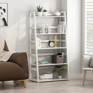 Storage tribesigns 5 tier bookshelf modern bookcase freestanding leaning ladder shelf ample storage space for cd books home decor white