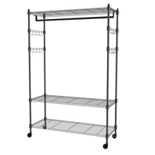 Load image into Gallery viewer, Select nice homdox 3 tiers large size heavy duty wire shelving garment rolling rack clothing rack with double clothes rods and lockable wheels 1 pair side hooks black
