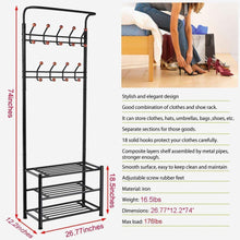 Load image into Gallery viewer, Discover fyheart heavy duty coat shoe entryway rack with 3 tier shoe bench shelves organizer with coat hat umbrella rack 18 hooks for hallway entryway metal black