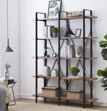 Load image into Gallery viewer, Discover the best o k furniture double wide 5 tier open bookcases furniture vintage industrial etagere bookshelf large book shelves for home office decor display retro brown
