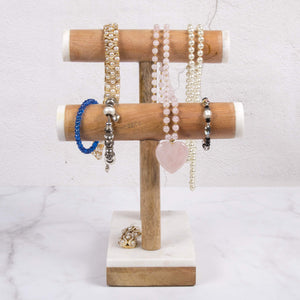 Exclusive creative home natural marble stone and mango wood 2 tier necklace bracelet display stand 8 7 8 l x 4 3 8 w x 11 3 4 h off off white patterns may very