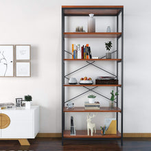 Load image into Gallery viewer, Shop here flyerstoy 5 tier bookcase vintage industrial standing bookshelf wood and metal bookshelves for home and office organizer us stock brown