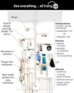 Best seller  all hung up 12 tier extra capacity over the door or wall mounted jewelry organizer display everything save space long necklaces earrings 110 pairs rings bracelets white