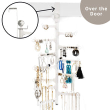 Load image into Gallery viewer, Try all hung up 12 tier extra capacity over the door or wall mounted jewelry organizer display everything save space long necklaces earrings 110 pairs rings bracelets white