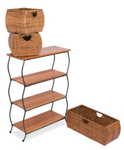 Load image into Gallery viewer, Best birdrock home industrial 4 tier shelving unit with rattan woven baskets delivered fully assembled wooden freestanding shelves with storage bins decorative living room shelf
