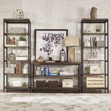 Load image into Gallery viewer, New modhaus living industrial rustic style black metal frame 6 tier 26 inches horizontal bookshelf storage media tower dark brown finish living room decor includes pen 26 inches wide