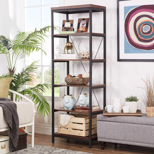 Get modhaus living industrial rustic style black metal frame 6 tier 26 inches horizontal bookshelf storage media tower dark brown finish living room decor includes pen 26 inches wide